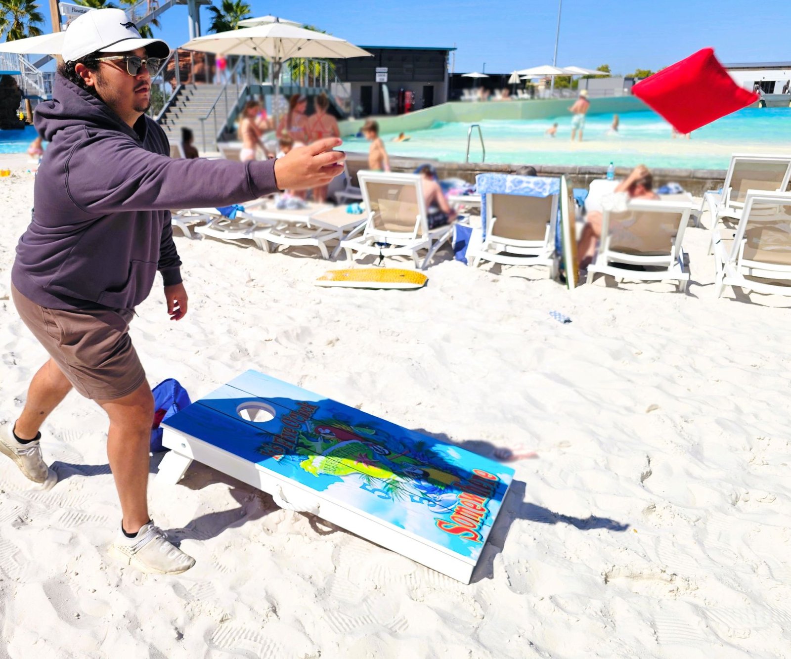 Island Life cornhole boards at Revel Surf Park in Gilbert Arizona